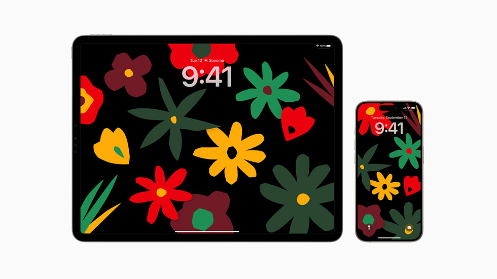 De nieuwe Black Unity Collection-achtergrond op het toegangsscherm voor iPad (links) en iPhone (rechts).