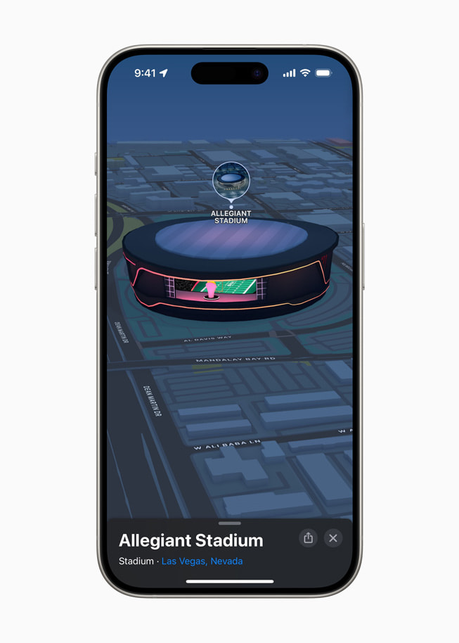 El exterior del Allegiant Stadium en Mapas de Apple.