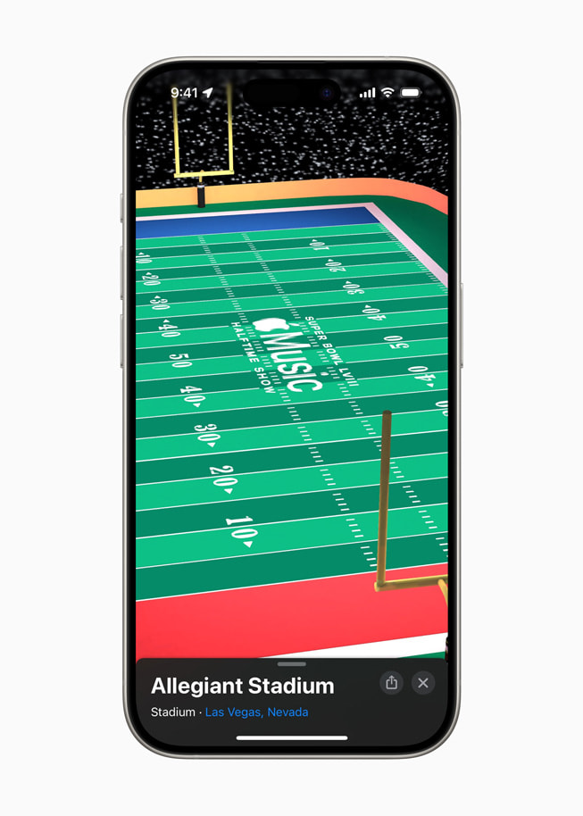 Un extremo del campo del Allegiant Stadium en Mapas de Apple.