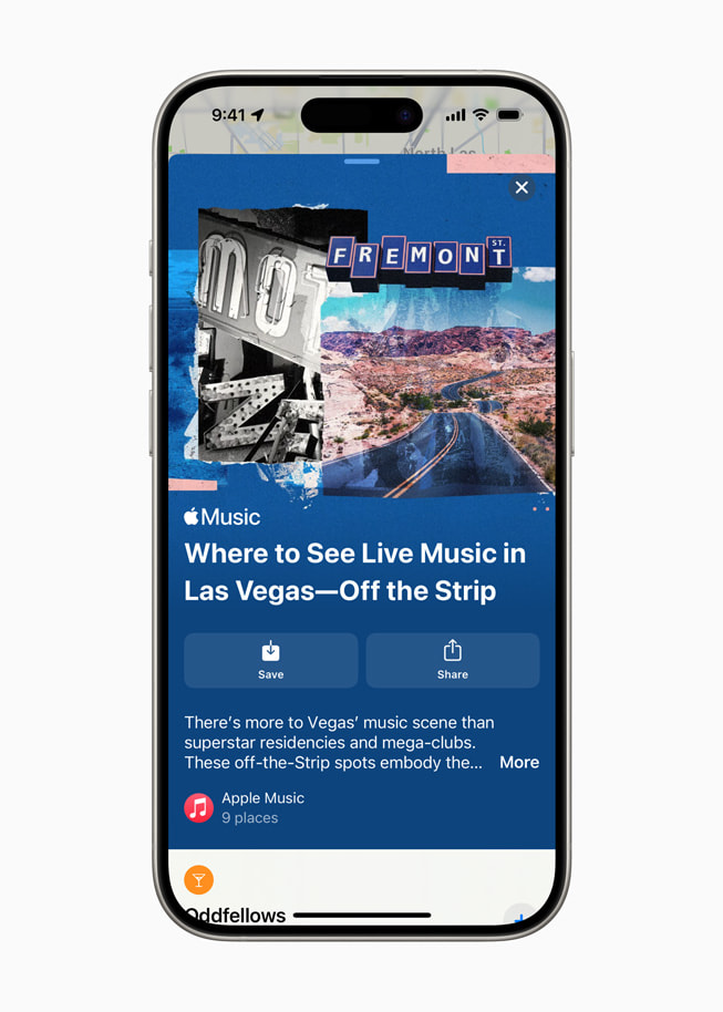 La guía de música en directo en la zona de The Strip de Mapas de Apple en un iPhone 15 Pro.