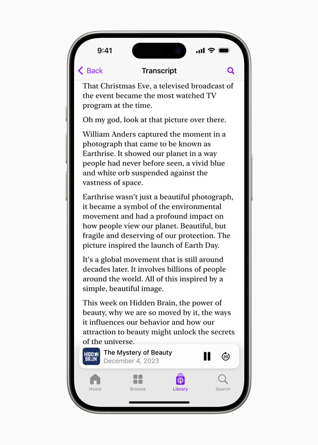 A static transcript of a podcast episode titled “The Mystery of Beauty” from the podcast “Hidden Brain” is shown in Apple Podcast on iPhone 15 Pro.