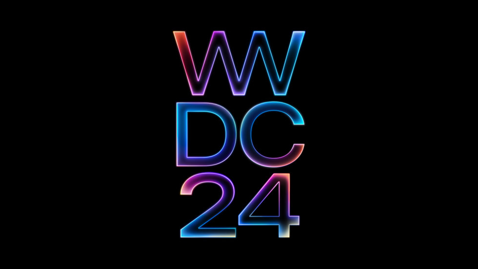 WWDC24 in einer mehrfarbigen, metallischen Schriftart vor schwarzem Hintergrund. 