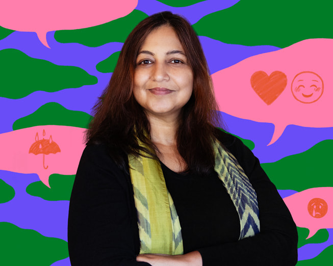 Een portret van oprichtster en CEO van Wysa Jo Aggarwal tegen een kleurrijk geïllustreerde achtergrond.