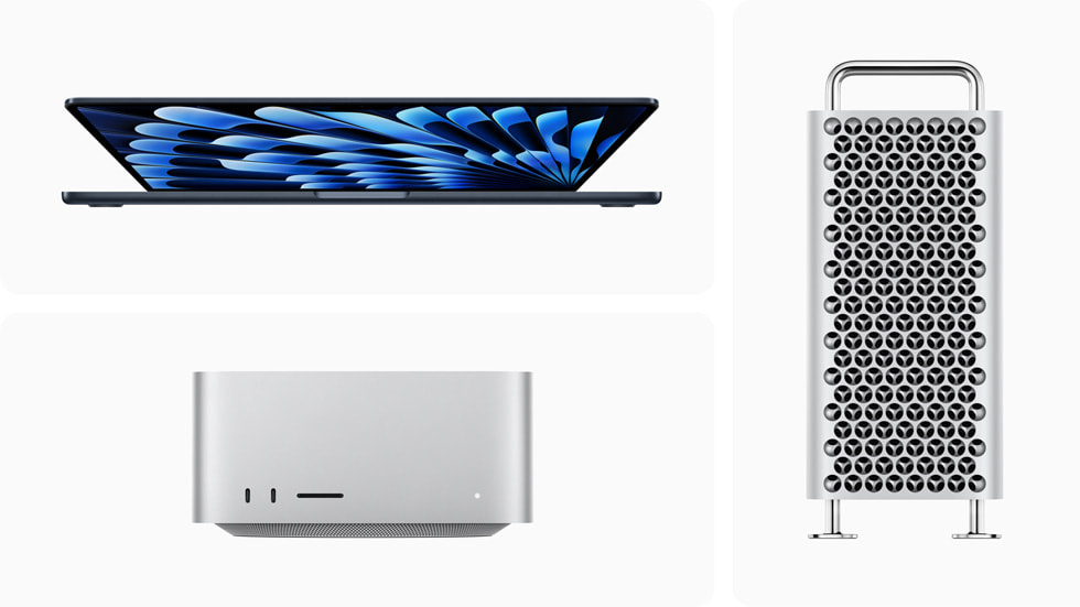 Imagem dos novos MacBook Air de 15 polegadas, Mac Pro e Mac Studio.