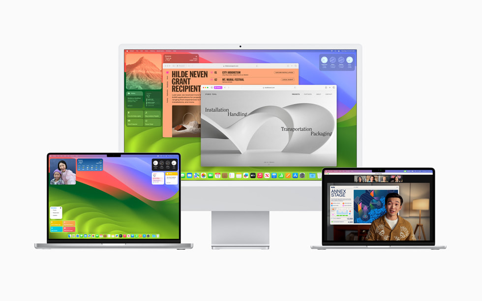 macOS Sonoma en un MacBook Pro, un iMac de 27 pulgadas y un MacBook Air.