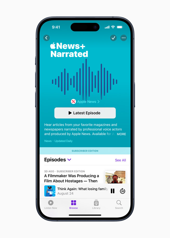 Ilustracja do programu Apple News+ Narrated w Apple Podcasts.