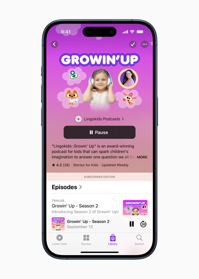 The show page for Lingokids’ Growin’ Up podcast is shown in Apple Podcasts.