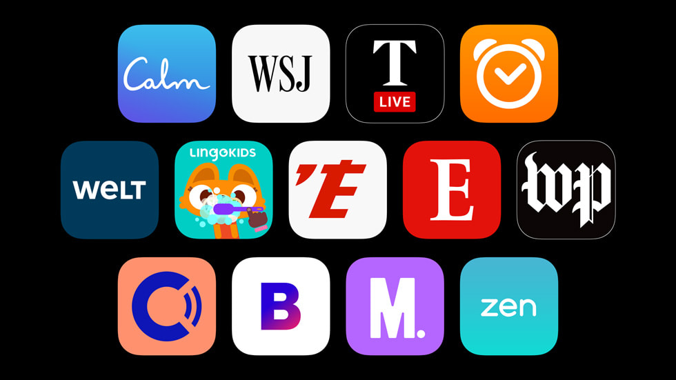 Ikony aplikacji pokazane na czarnym tle. Widać logo Apple News, Calm, The Wall Street Journal, The Times, The Washington Post i Lingokids.