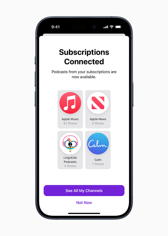 An iPhone 15 Pro screen shows the Apple Podcasts interface and says “Subscriptions Connected: Podcasts from your subscriptions are now available,” along with a button that says “See All My Channels.”