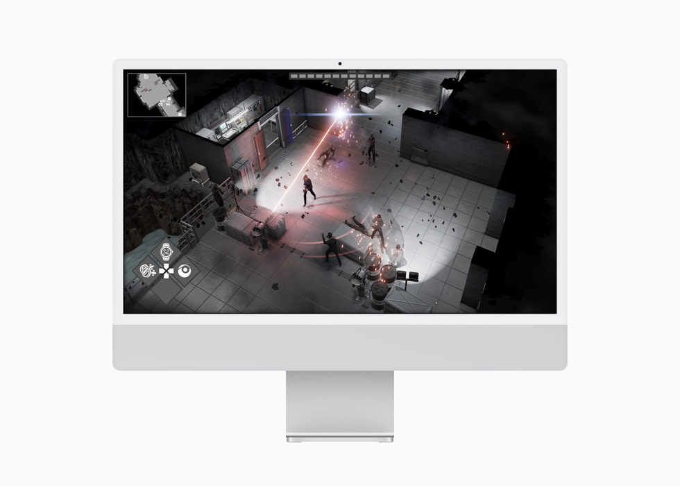 Et stillbilde fra Cypher 007-spillet på en iMac som viser James Bond i aksjon mot fiender. 