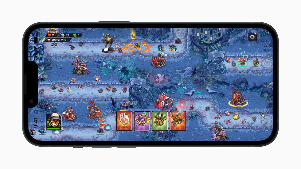 En stillbild från spelet Junkworld på iPhone 14 visar en underjordisk värld i animerad stil.