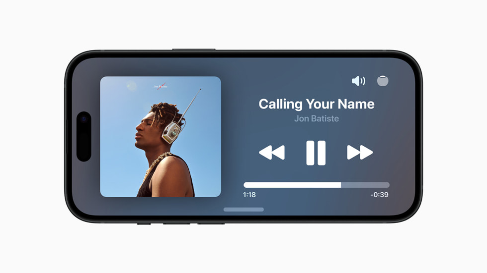 Aplikacja Muzyka w trybie czuwania pokazany na iPhonie 15.