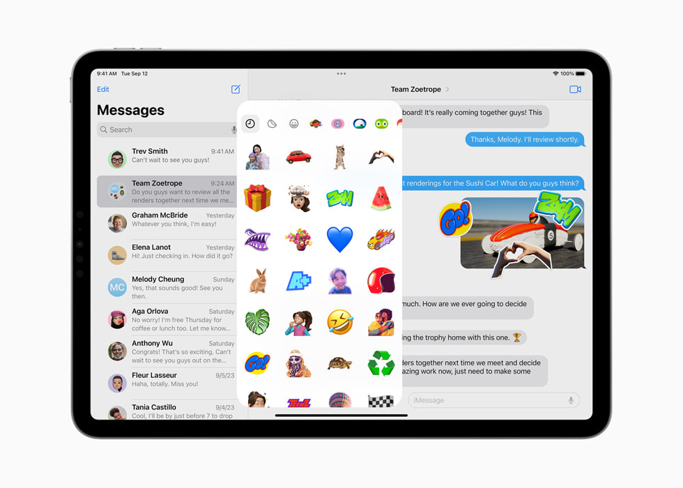 Stickers in Messages is shown on the 11-inch iPad Pro.