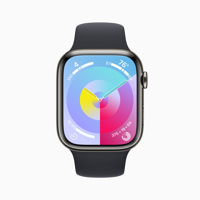 Apple Watch Series 9 shows the Palette watch face.