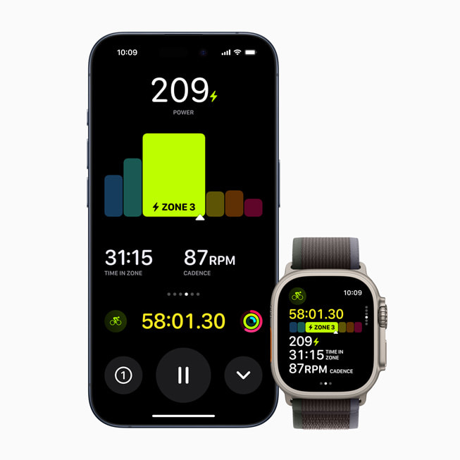iPhone 15 Pro and Apple Watch Ultra show a Power Zones display, including total workout time, current zone, time in zone, and cadence.
