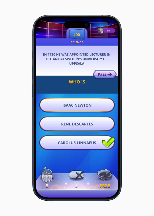 Een beeld uit de game Jeopardy! World Tour+ op iPhone 15 Pro.