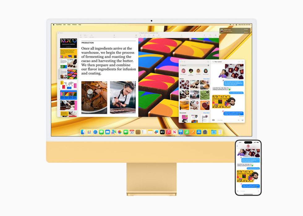 연속성 기능을 보여주는 M3 칩을 장착한 새로운 옐로 색상의 iMac과 iPhone 15 Pro.
