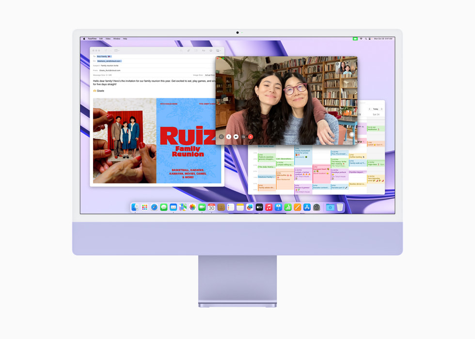 FaceTime, Calendrier et Mail sont affichés sur le nouvel iMac avec puce M3 en coloris mauve.