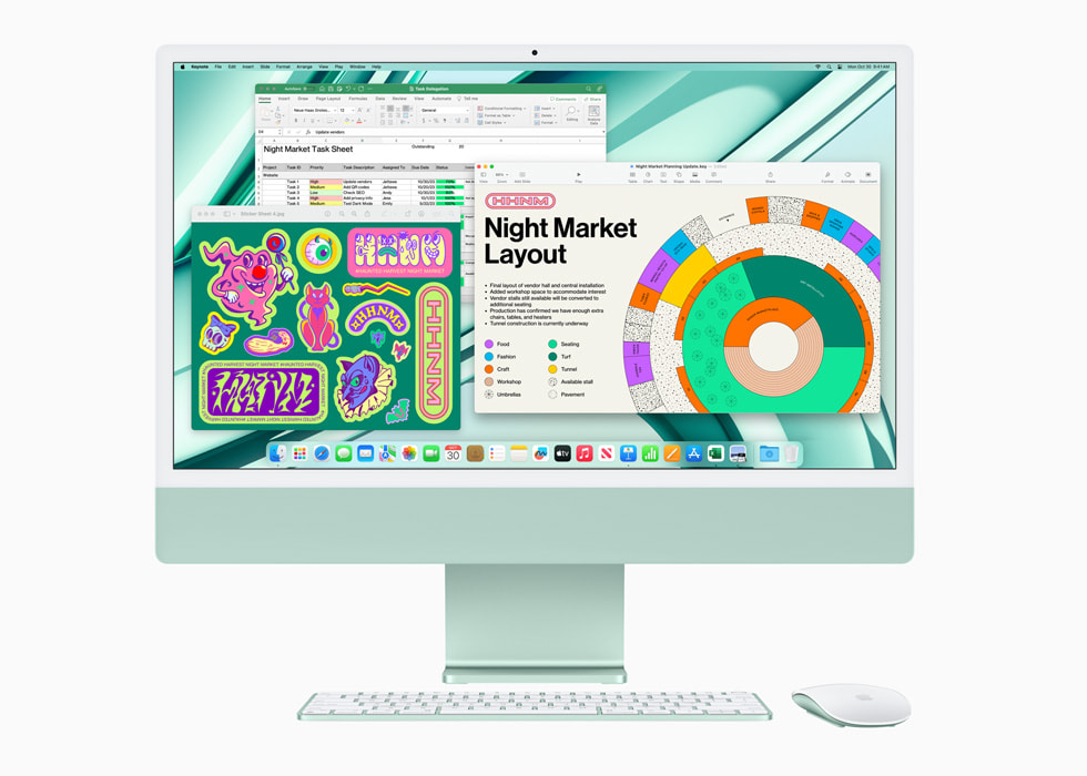 미리보기, Microsoft Excel, Keynote를 보여주는 M3 칩을 장착한 새로운 그린 색상의 iMac과 컬러 매칭 키보드 및 마우스.