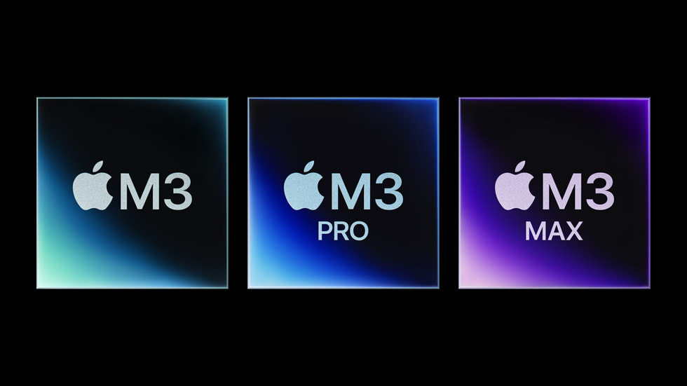 A graphic with three squares representing M3, M3 Pro, and M3 Max chips.
