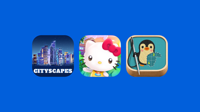 Logos des apps Cityscapes, Hello Kitty Island Adventure et stitch.