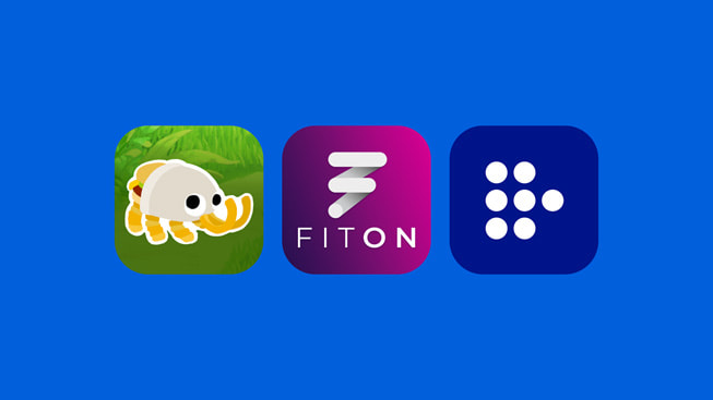 Logotipos de las apps Bugsnax, FitOn y MUBI.