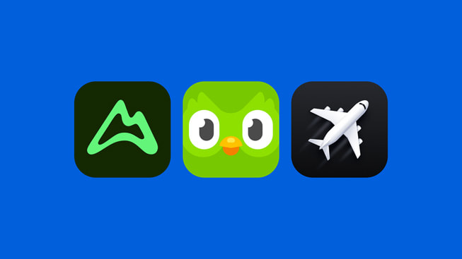 De logo’s van de apps AllTrails, Duolingo en Flighty.