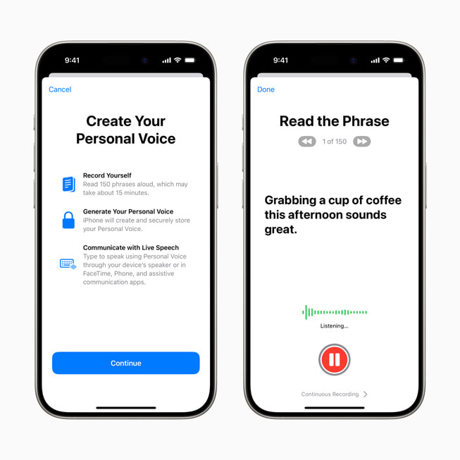 La fonctionnalité Voix personnelle affichée sur un iPhone 15 Pro à gauche et une phrase pour Parole en direct entrée dans un iPhone 15 Pro à droite.