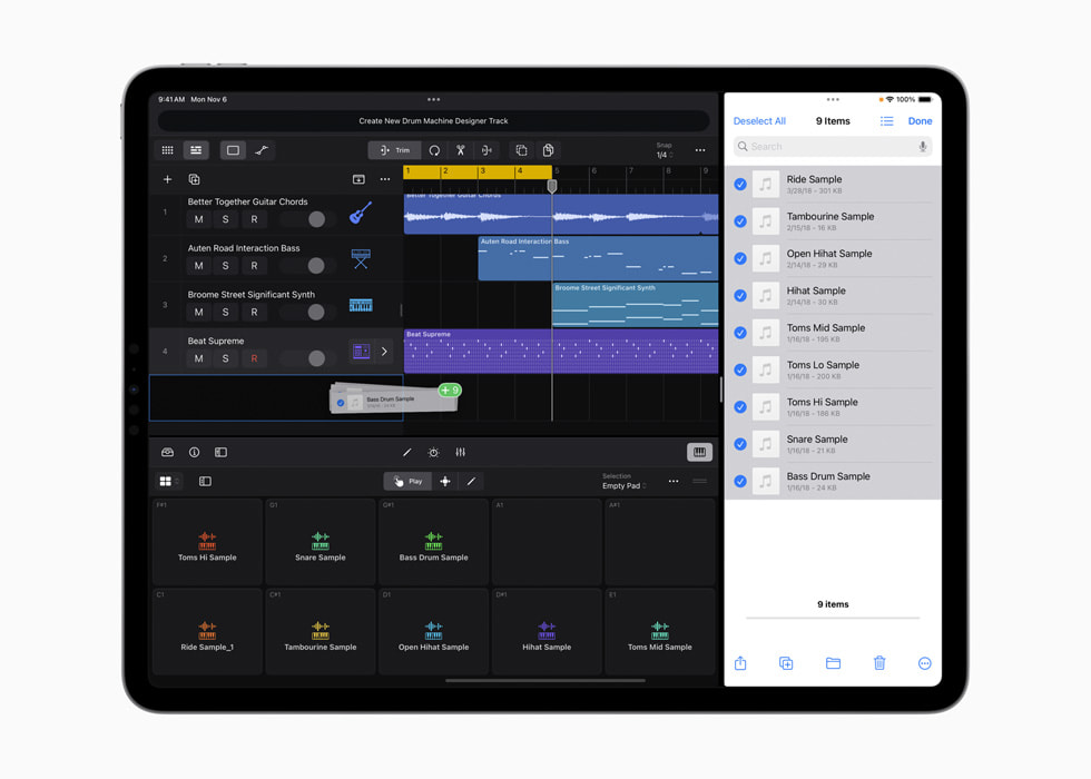 A user drags files into Logic Pro for iPad.