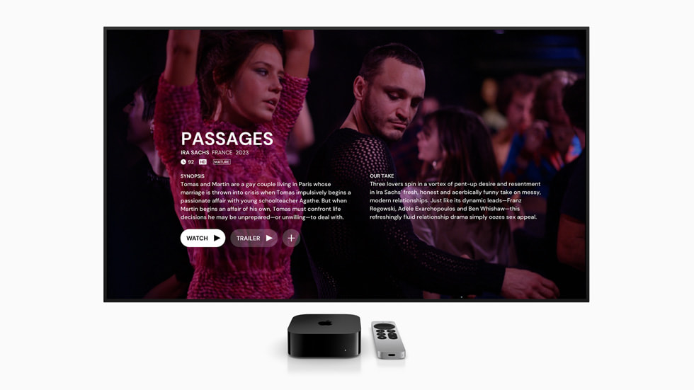 The MUBI app displayed on a television connected to Apple TV.