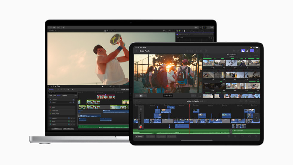 La experiencia actualizada de Final Cut Pro para la Mac y el iPad en una MacBook Pro y un iPad.