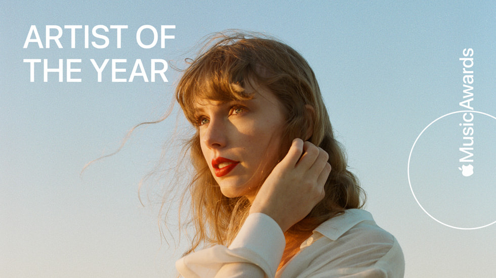 Une image montrant une photo de Taylor Swift, accompagnée de la mention « Artiste de l'année », du logo d’Apple et des mots « Music Awards ». 