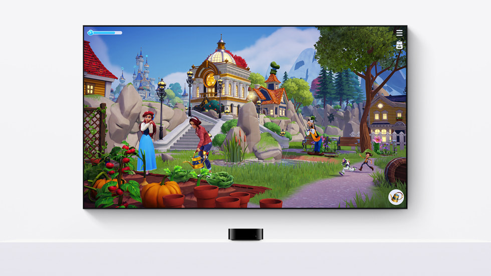 Experiência de jogo de Disney Dreamlight Valley em uma televisão conectada à Apple TV.