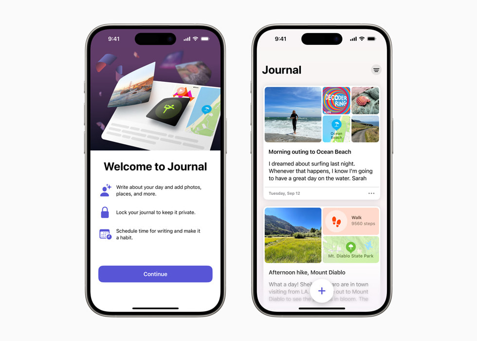 兩部 iPhone 15 Pro 展示「日記」app 界面。