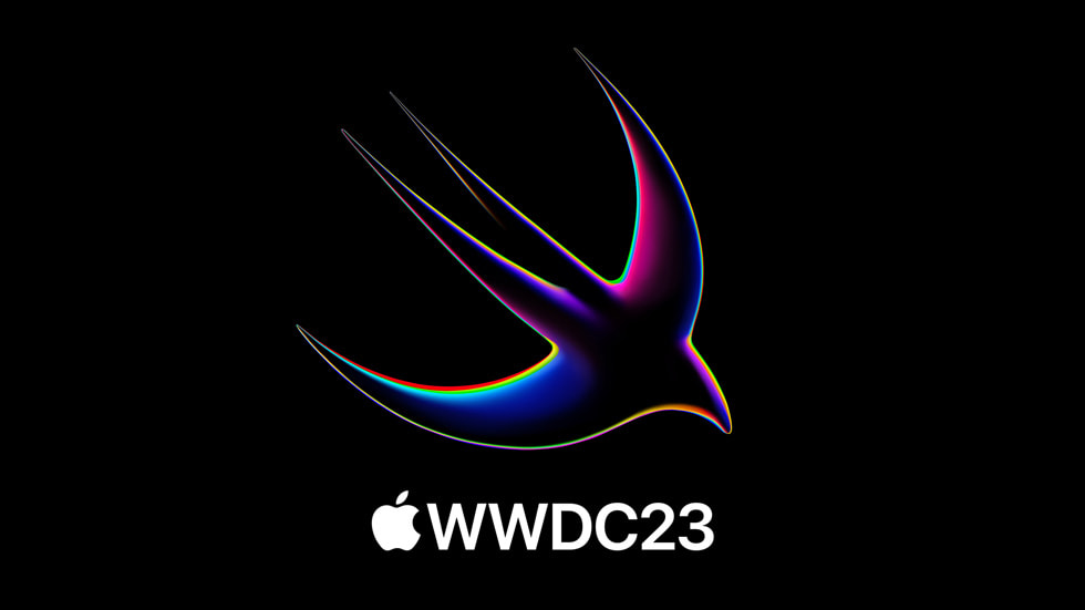 WWDC23 標誌之上，Swift 標誌顯示於黑色背景前。