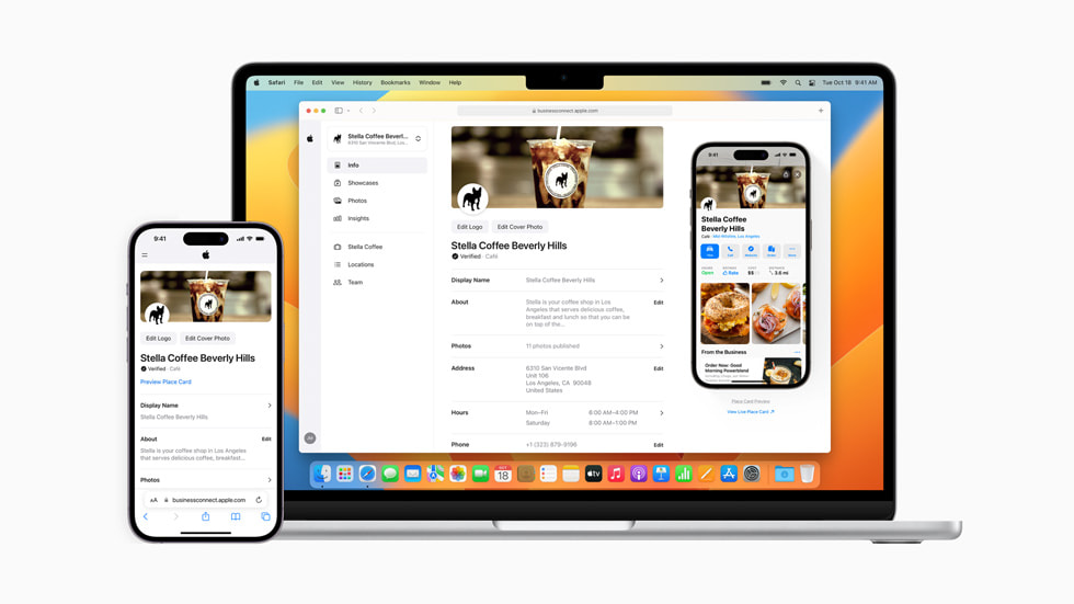 Painel do Apple Business Connect exibido no MacBook Pro e no iPhone.