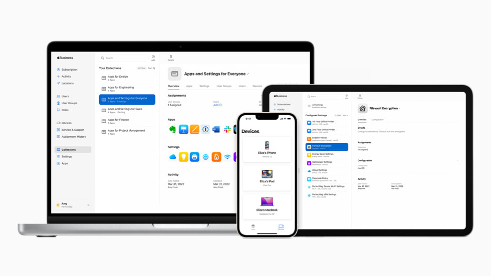 Apple Business Essentials, Apple Business Connect y Tap to Pay en las pantallas de una MacBook Pro, un iPad y un iPhone, respectivamente.