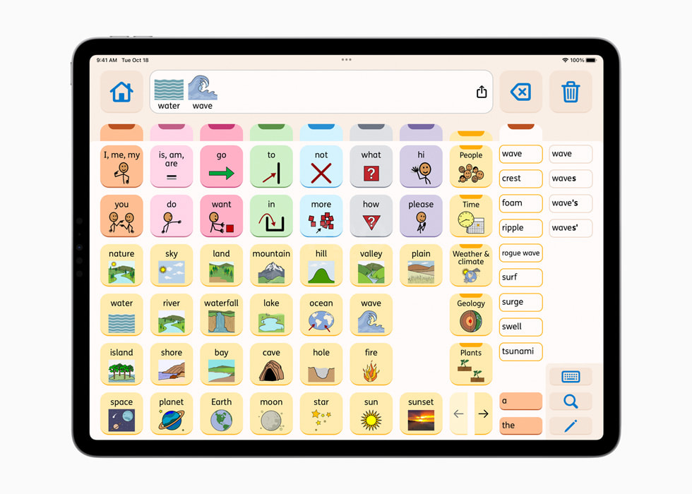 Die Benutzeroberfläche der Proloquo-App auf einem iPad.
