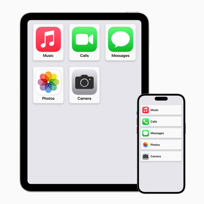 Het nieuwe gestroomlijnde beginscherm op iPad en iPhone, waarbij de features van Assistive Access zijn ingeschakeld.