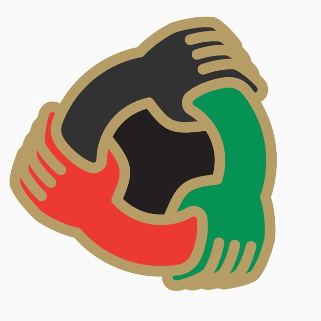 A green, black and red icon shows three linked hands.