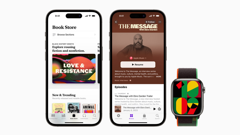 Två iPhone-enheter och en Apple Watch visar appen Böcker, appen Podcaster och den nya Unity-bakgrunden.