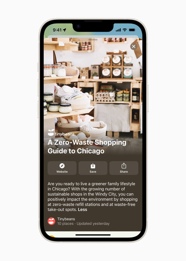 A new Guide curated by Tinybeans called “A Zero-Waste Guide to Chicago” is shown in Apple Maps.