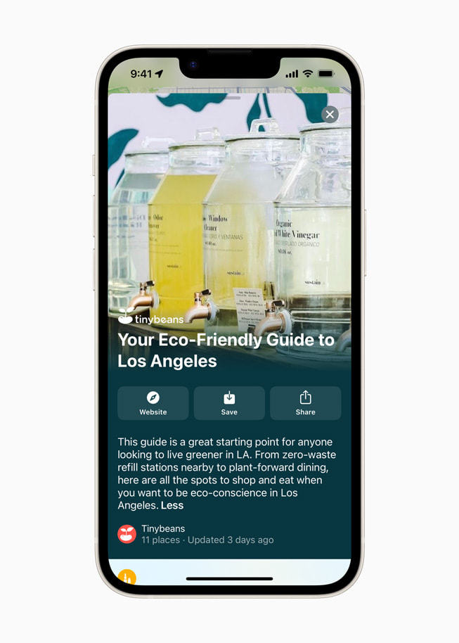 A new Guide curated by Tinybeans called “Your Eco-Friendly Guide to Los Angeles” is shown in Apple Maps.