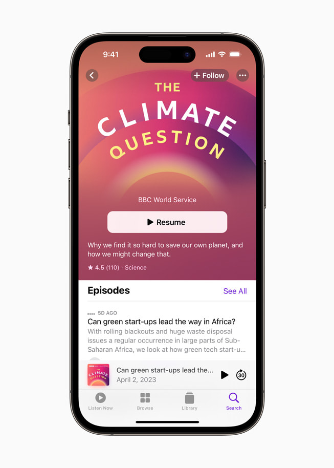The Apple Podcasts page for “The Climate Question” is shown, featuring the most recent episode, “Can Green Start-Ups Lead the Way in Africa?”