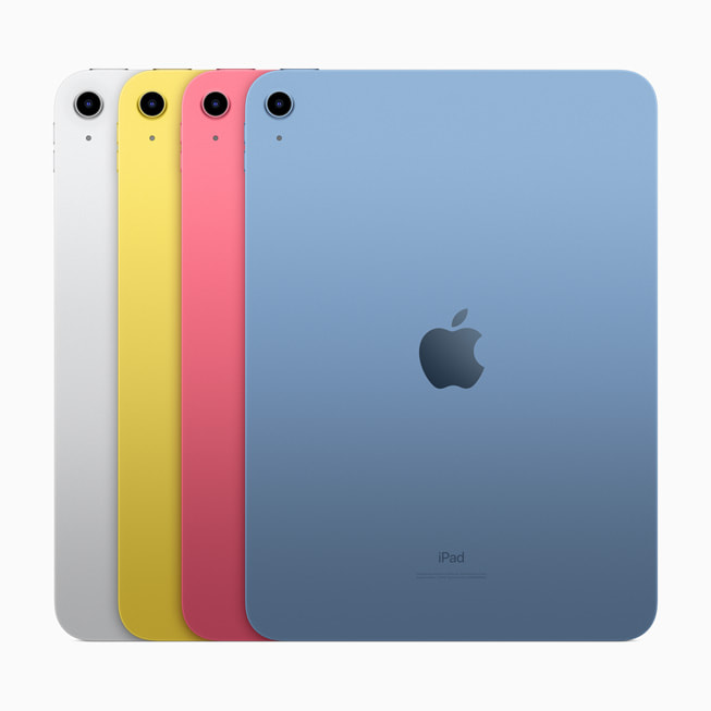 iPad (10th generation) is shown in silver, yellow, pink, and blue.