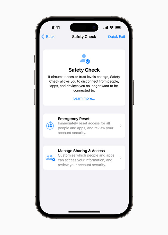 Safety Check controls on iPhone 14 Pro.