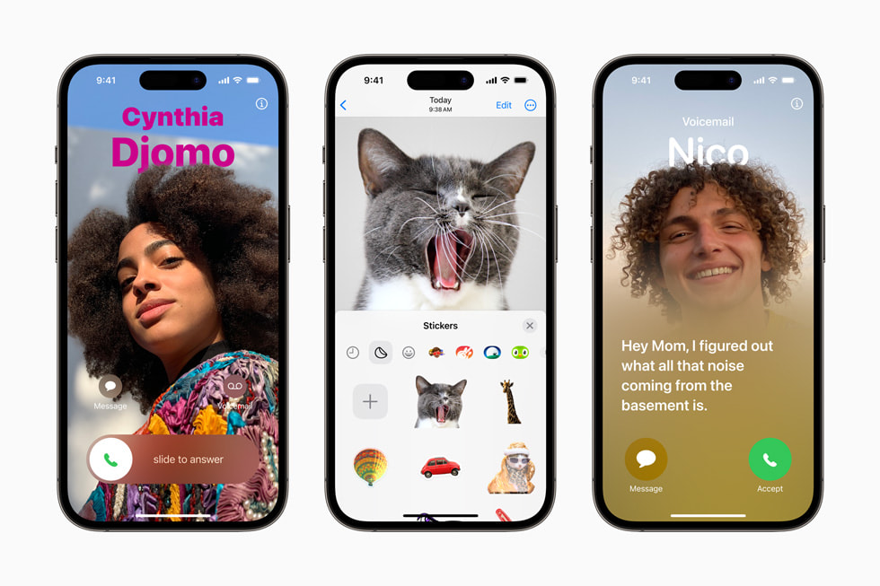 iOS 17에서 업데이트된 전화, FaceTime 및 메시지 경험이 iPhone 14 Pro에서 보여지고 있다. 