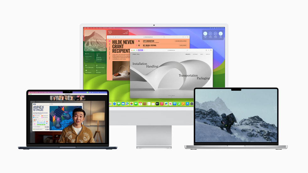 MacBook Air, iMac 27 및 MacBook Pro에 macOS Sonoma가 보여지고 있다.