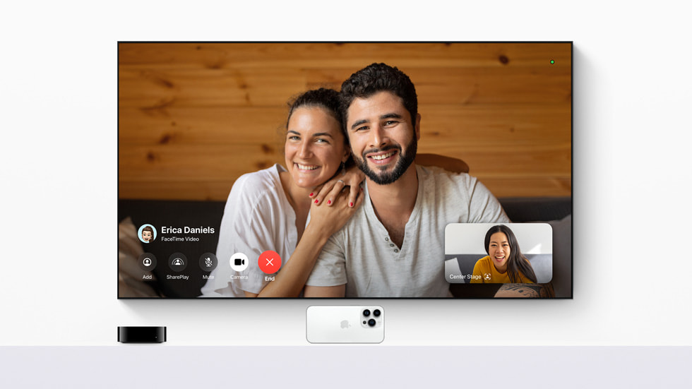 The new FaceTime experience is shown on a TV screen with Apple TV 4K.