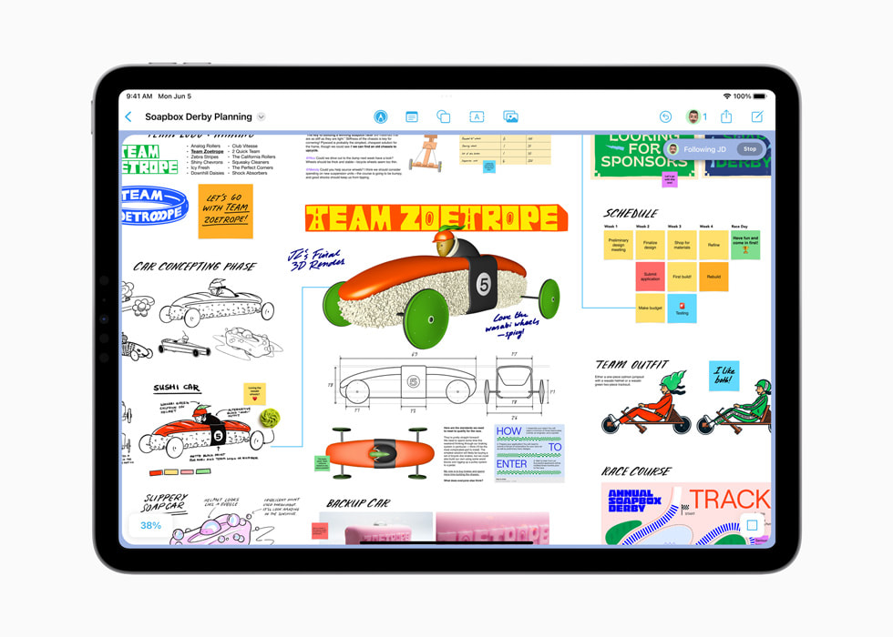 Un iPad Pro muestra varias ilustraciones y bocetos, así como colaboraciones, en Freeform. 